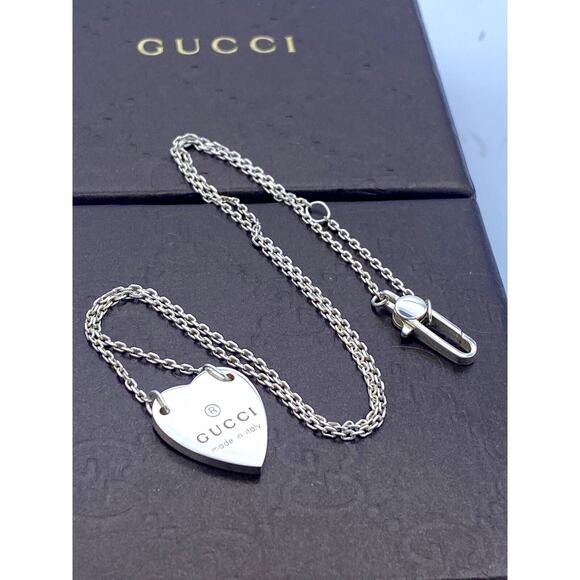 GUCCI 925 Sterling Silver Heart Logo Necklace 17.5" - Picture 1 of 11
